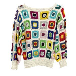 Vintage Granny Square Crochet Boat Neck Sweater Boho Indie Hippie Size Small